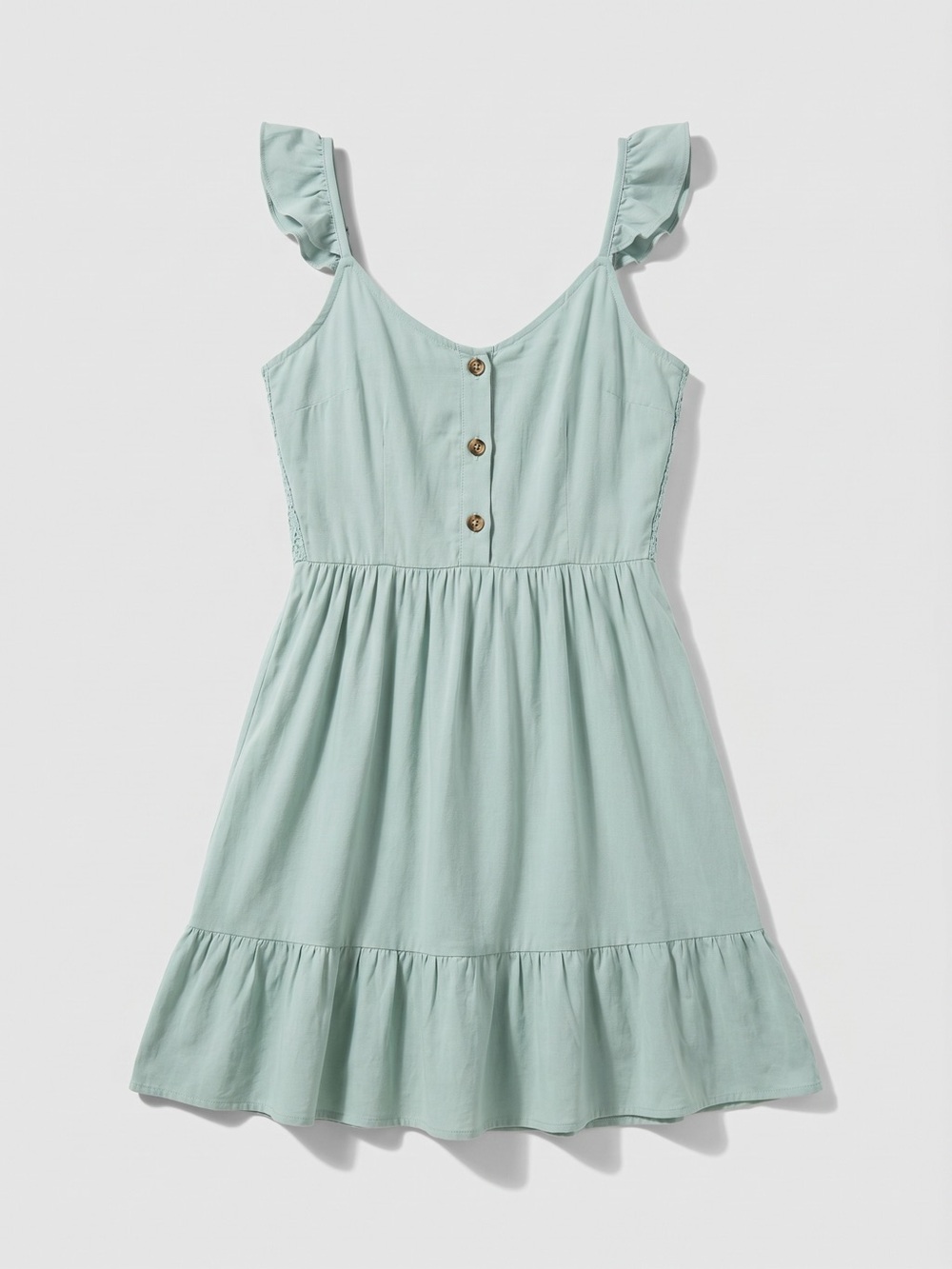Button front dress ruffled straps light blue teal sundress smocked